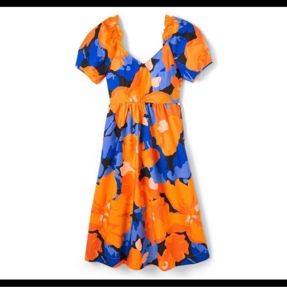Last🤩Tabitha brown floral print puff sleeve tie-back midi dress